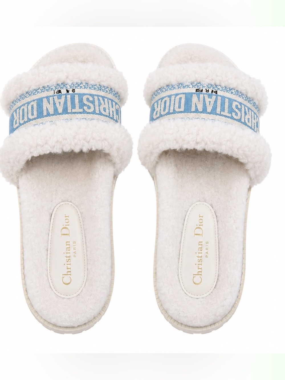 Dior White Shearling Slides with Light Blue Logo Band